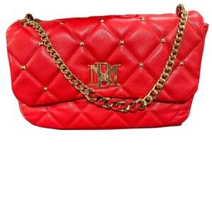 Red Quilted Shoulder Bag with Gold Chain